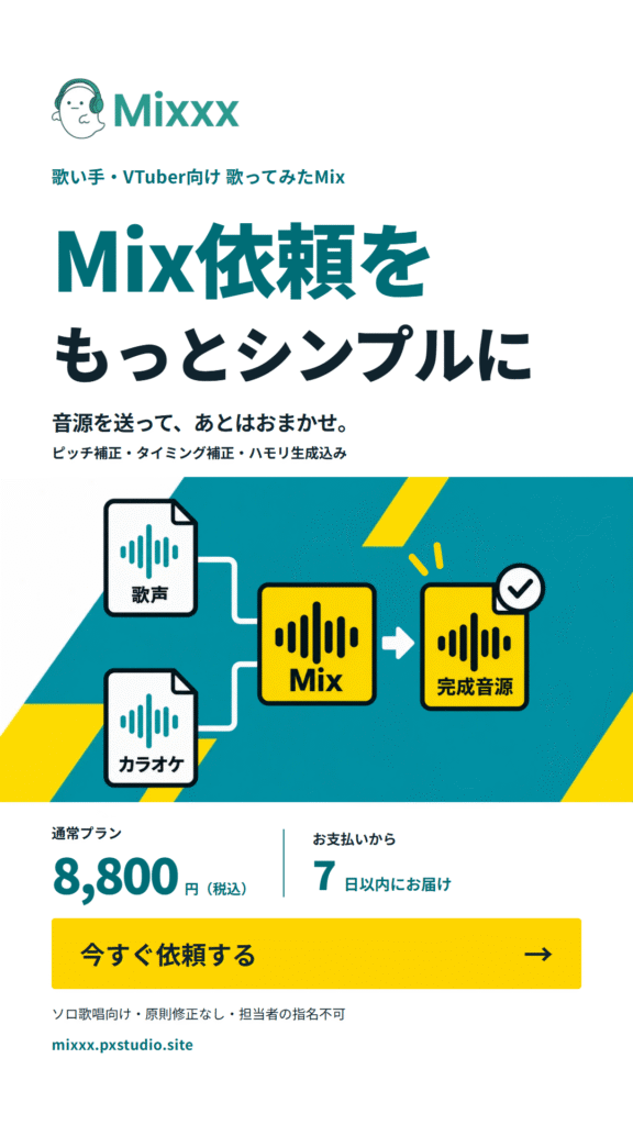 Mixxx：歌ってみたMix、通常プラン8,800円（税込）。お支払いから7日以内にお届け
