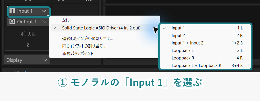 Cakewalk Sonarのボーカルトラックでマイク入力のInput 1を選ぶ画像