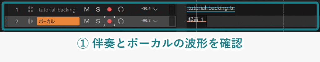 Cakewalk Sonarで伴奏トラックの下に録音したボーカル波形が表示された画像