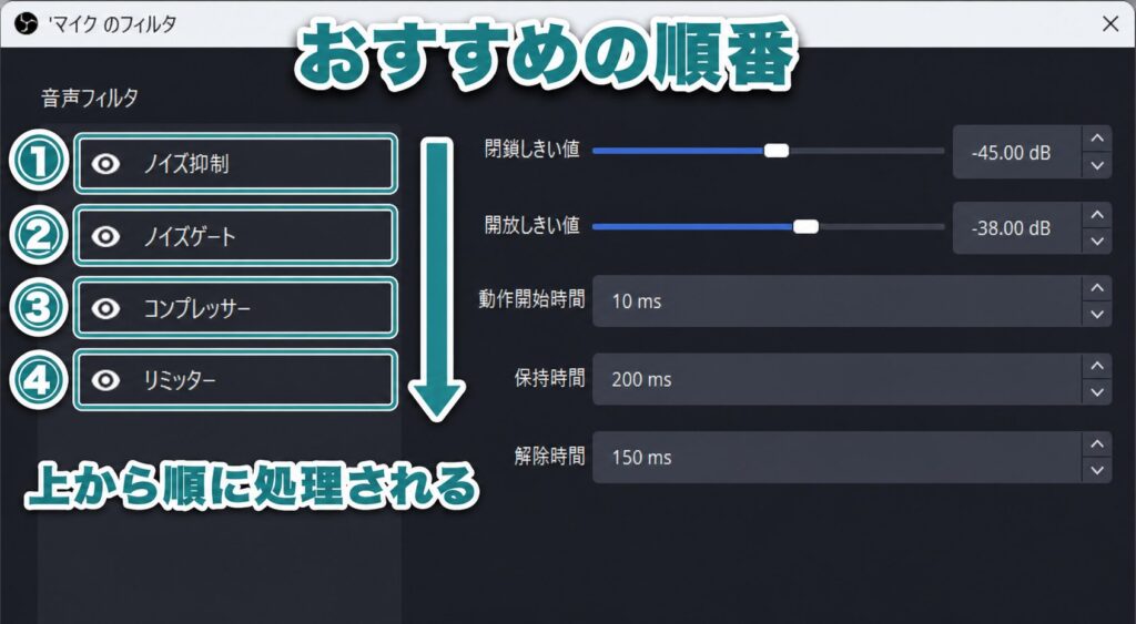 OBSマイクフィルターのおすすめ順序。ノイズ抑制、ノイズゲート、コンプレッサー、リミッター
