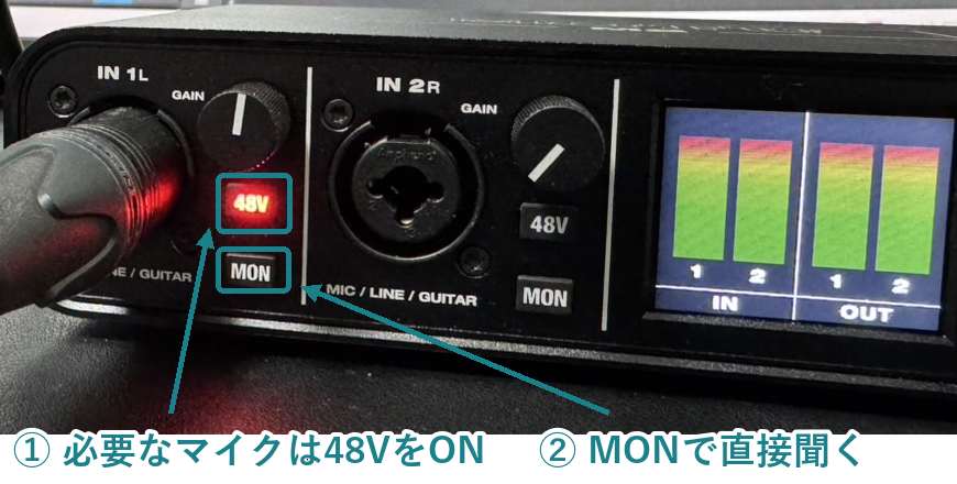 MOTU M2のGAIN・48V・MONと入力レベルメーター